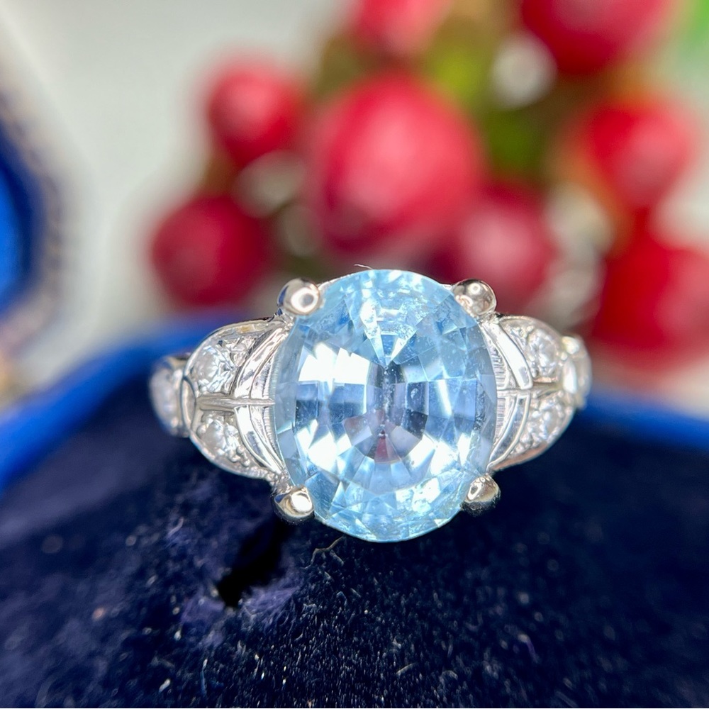 Vintage Blue Topaz and Diamond Ring 14k White Gold